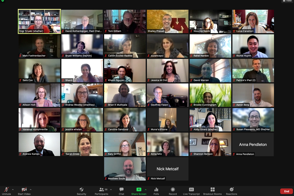 Screenshot of a Zoom session with 34 participants of RothLA and the program facilitators. Everyone looks toward their cameras and smiles.